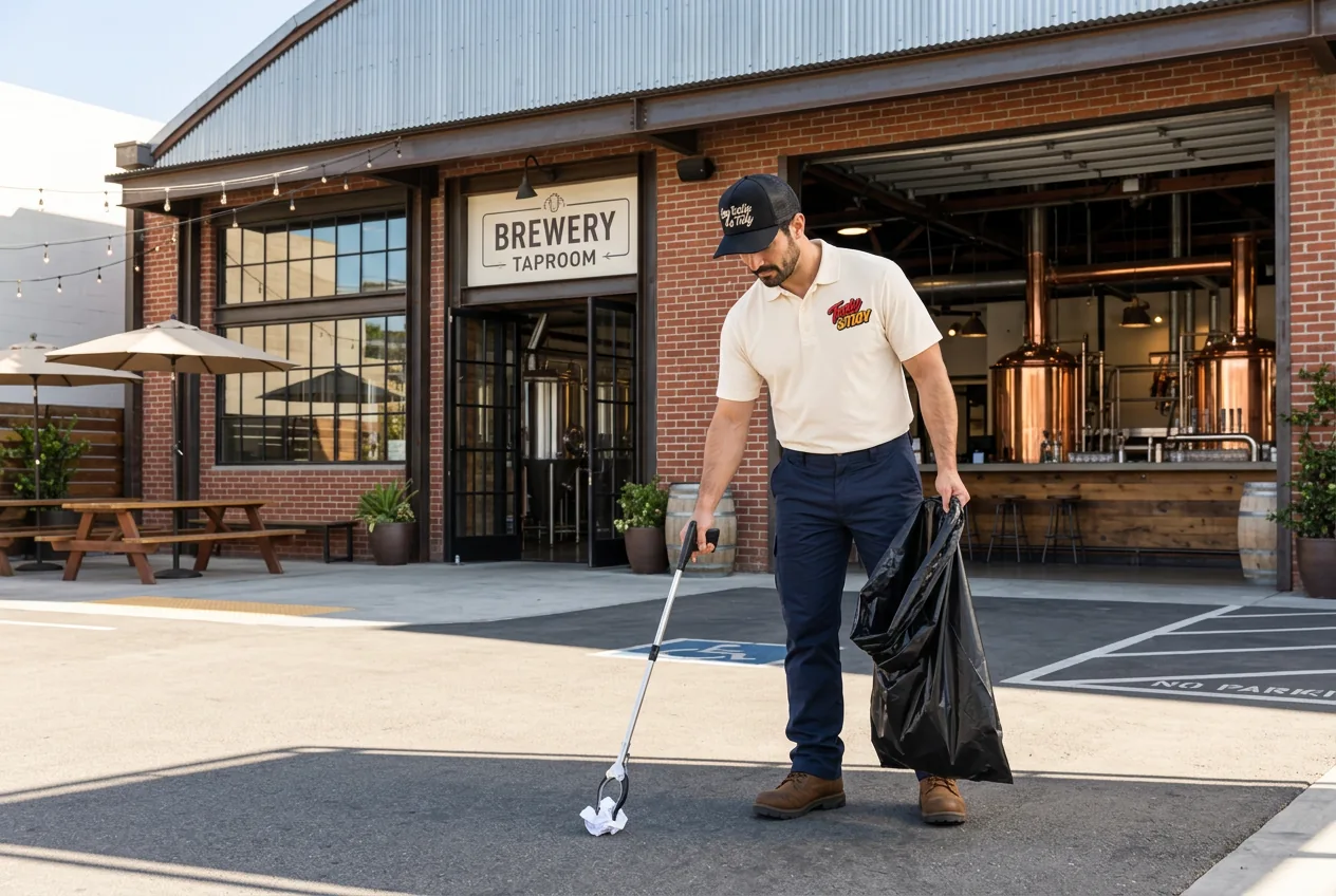Illustrative Tasty & Tidy tradesperson collecting litter with a grabber outside a brewery